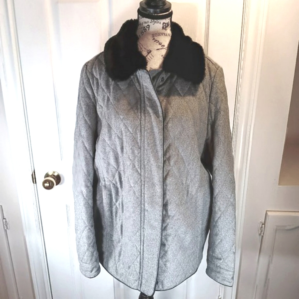 NWOT Alfred Sung Grey Wool Blend Pea Coat Quilted Black Faux Fur Collar XL